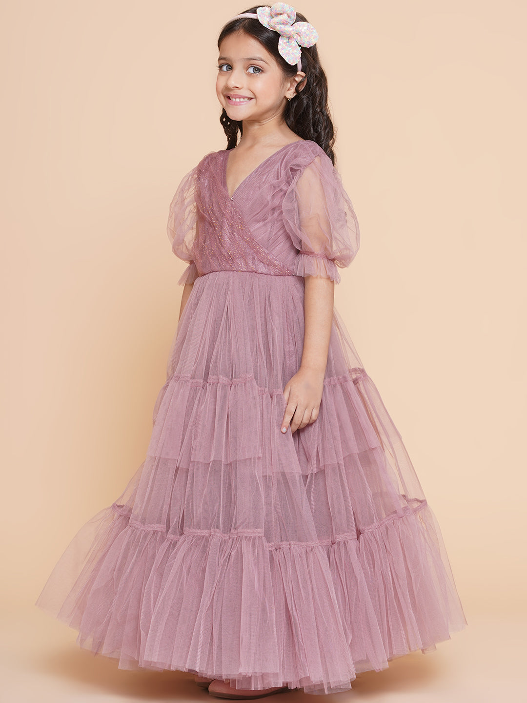 Girls Onion Pink Net Embellished Fit & Flared Maxi Dress. for Kids - Bhama - Distacart