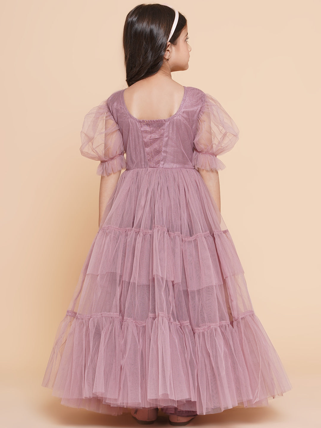 Girls Onion Pink Net Embellished Fit & Flared Maxi Dress. for Kids - Bhama - Distacart