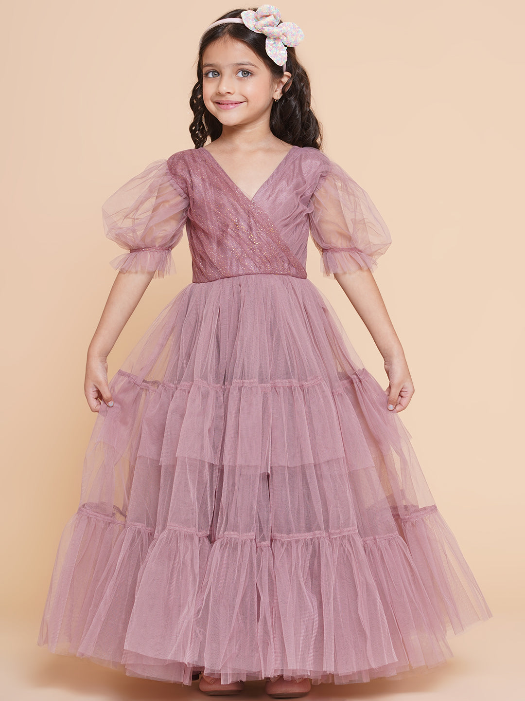 Girls Onion Pink Net Embellished Fit & Flared Maxi Dress. for Kids - Bhama - Distacart