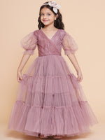 Thumbnail for Girls Onion Pink Net Embellished Fit & Flared Maxi Dress. for Kids - Bhama - Distacart