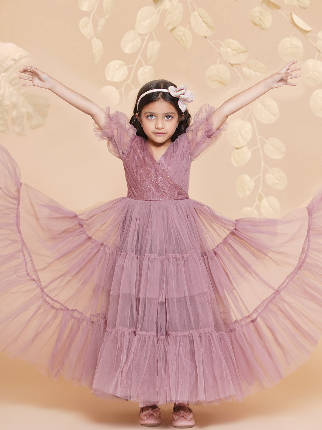 Girls Onion Pink Net Embellished Fit & Flared Maxi Dress. for Kids - Bhama - Distacart