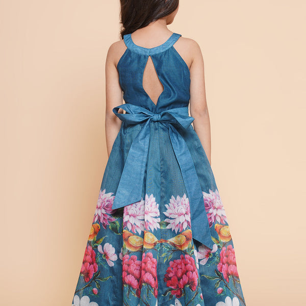Girls Blue Flower Digital Printed Fit & Flared Maxi Dress. for Kids - Bhama - Distacart