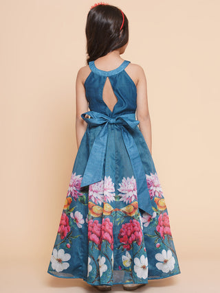 Girls Blue Flower Digital Printed Fit & Flared Maxi Dress. for Kids - Bhama - Distacart