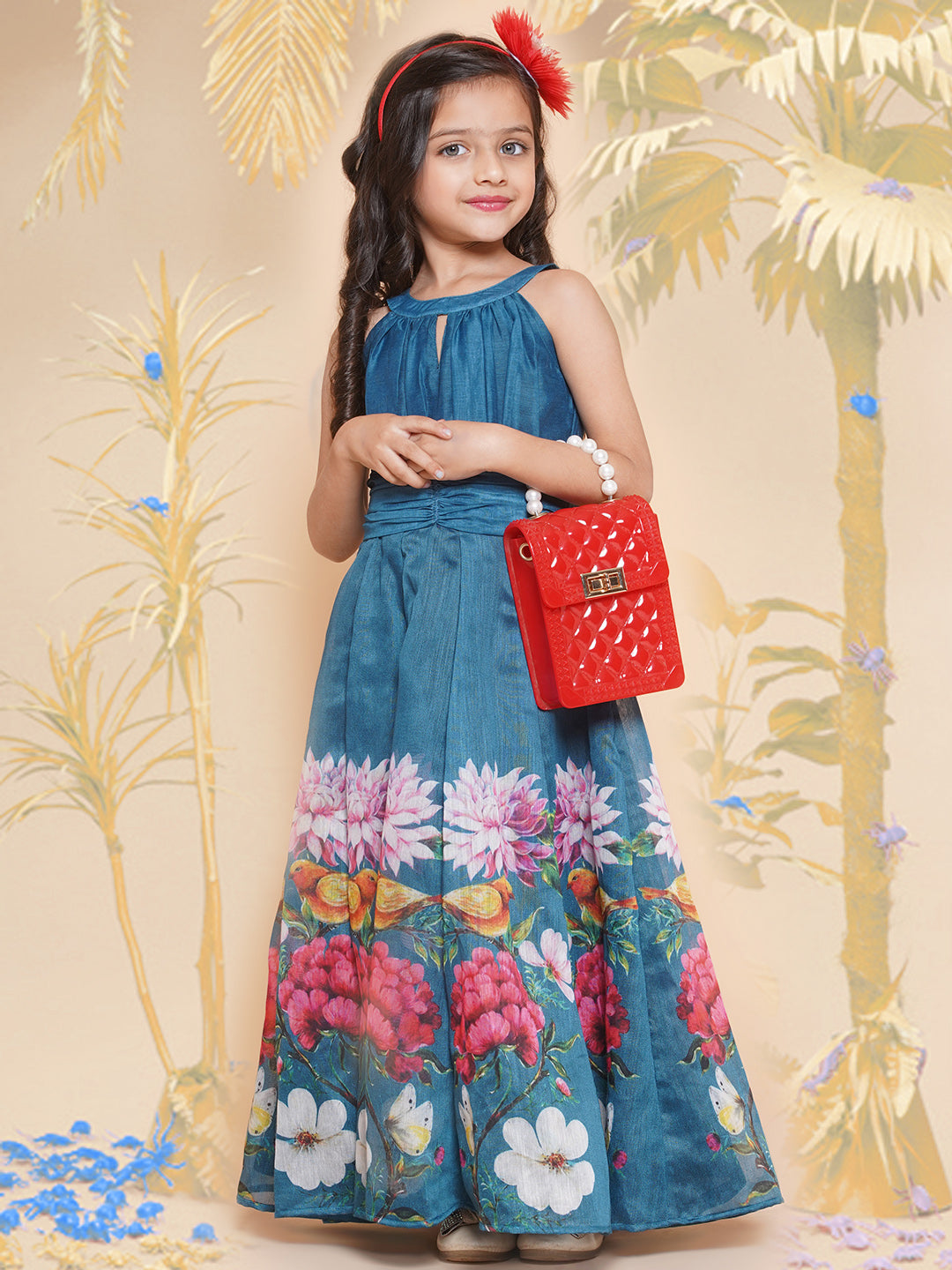 Girls Blue Flower Digital Printed Fit & Flared Maxi Dress. for Kids - Bhama - Distacart