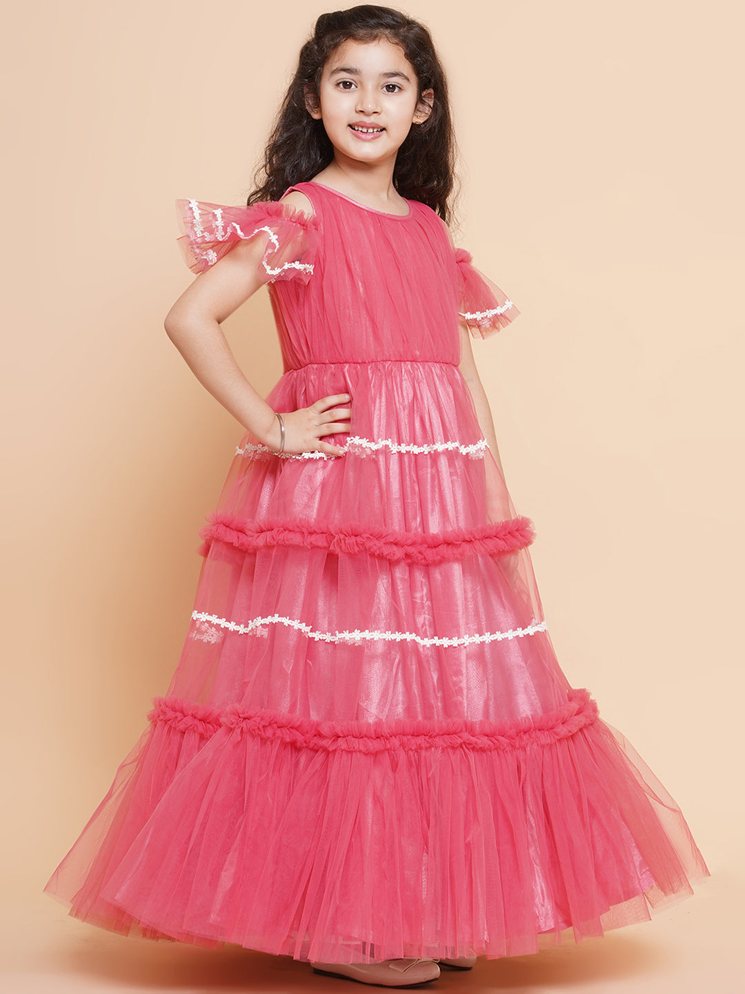 Girls Cold Shoulder Tiered Fit & Flare Maxi Dress for Kids - Bhama - Distacart