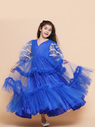 Girls V-Neck Ruffled Detail Net Fit & Flare Maxi Dress for Kids - Bhama - Distacart