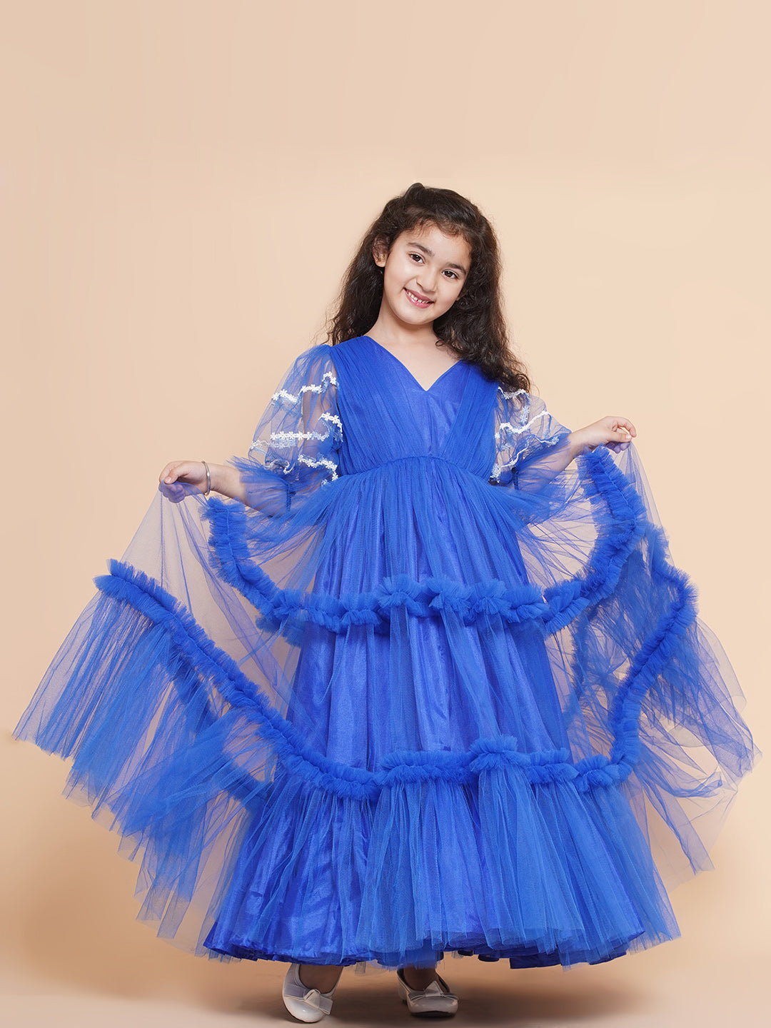 Girls V-Neck Ruffled Detail Net Fit & Flare Maxi Dress for Kids - Bhama - Distacart