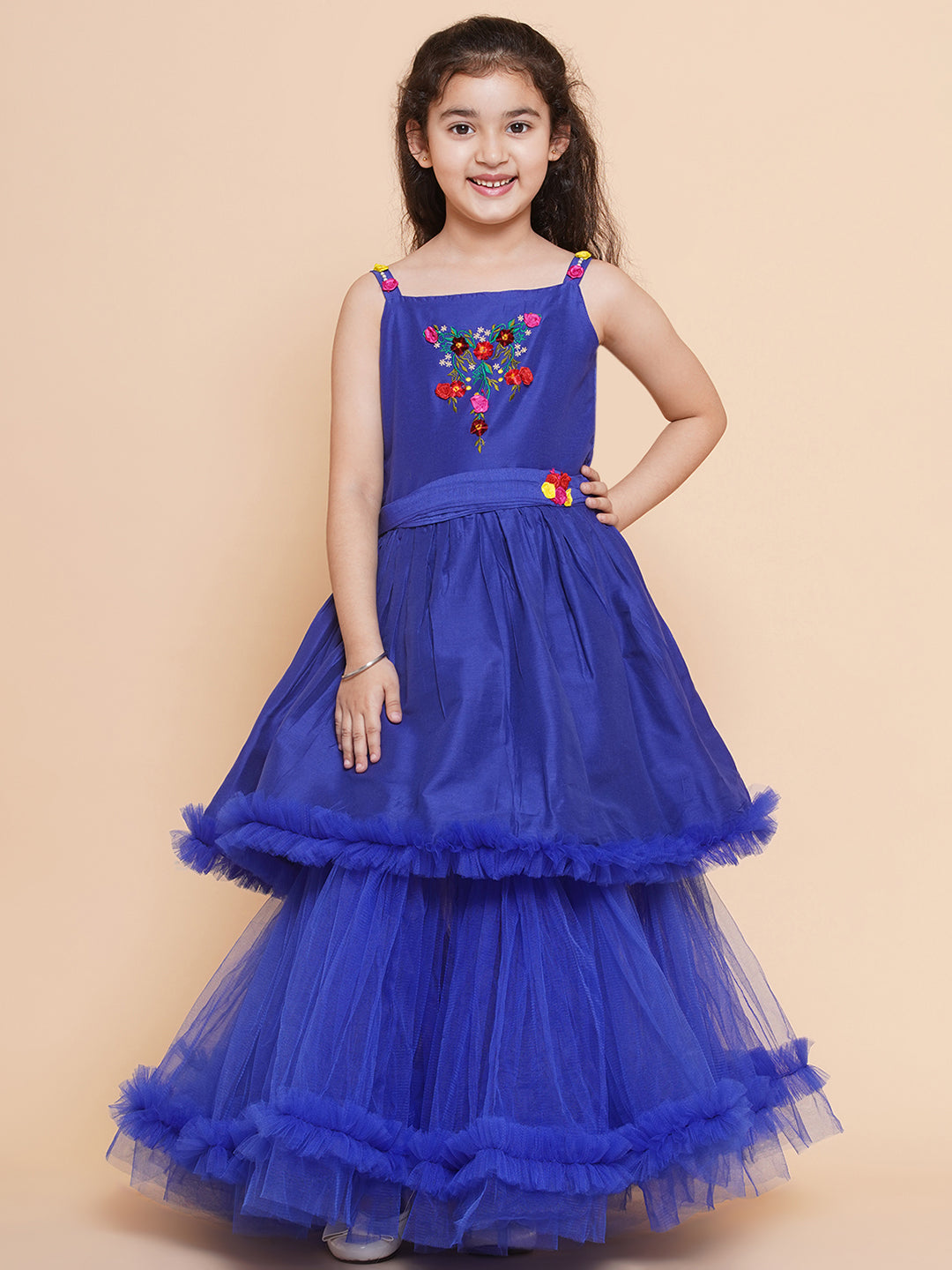 Girls Floral Embroidered Satin Fit & Flare Dress for Kids - Bhama - Distacart