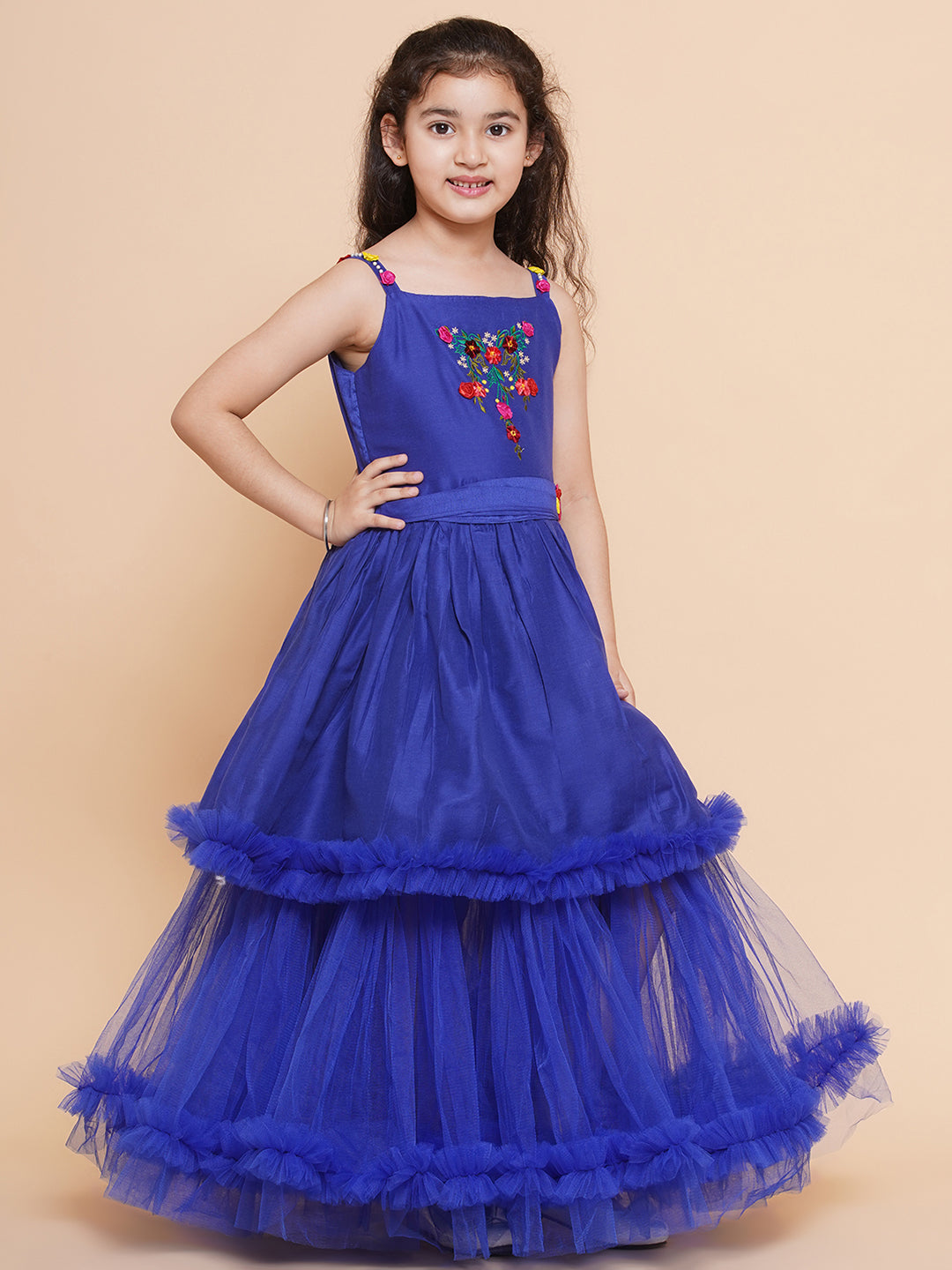Girls Floral Embroidered Satin Fit & Flare Dress for Kids - Bhama - Distacart