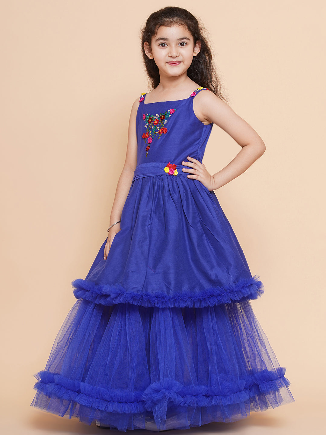 Girls Floral Embroidered Satin Fit & Flare Dress for Kids - Bhama - Distacart