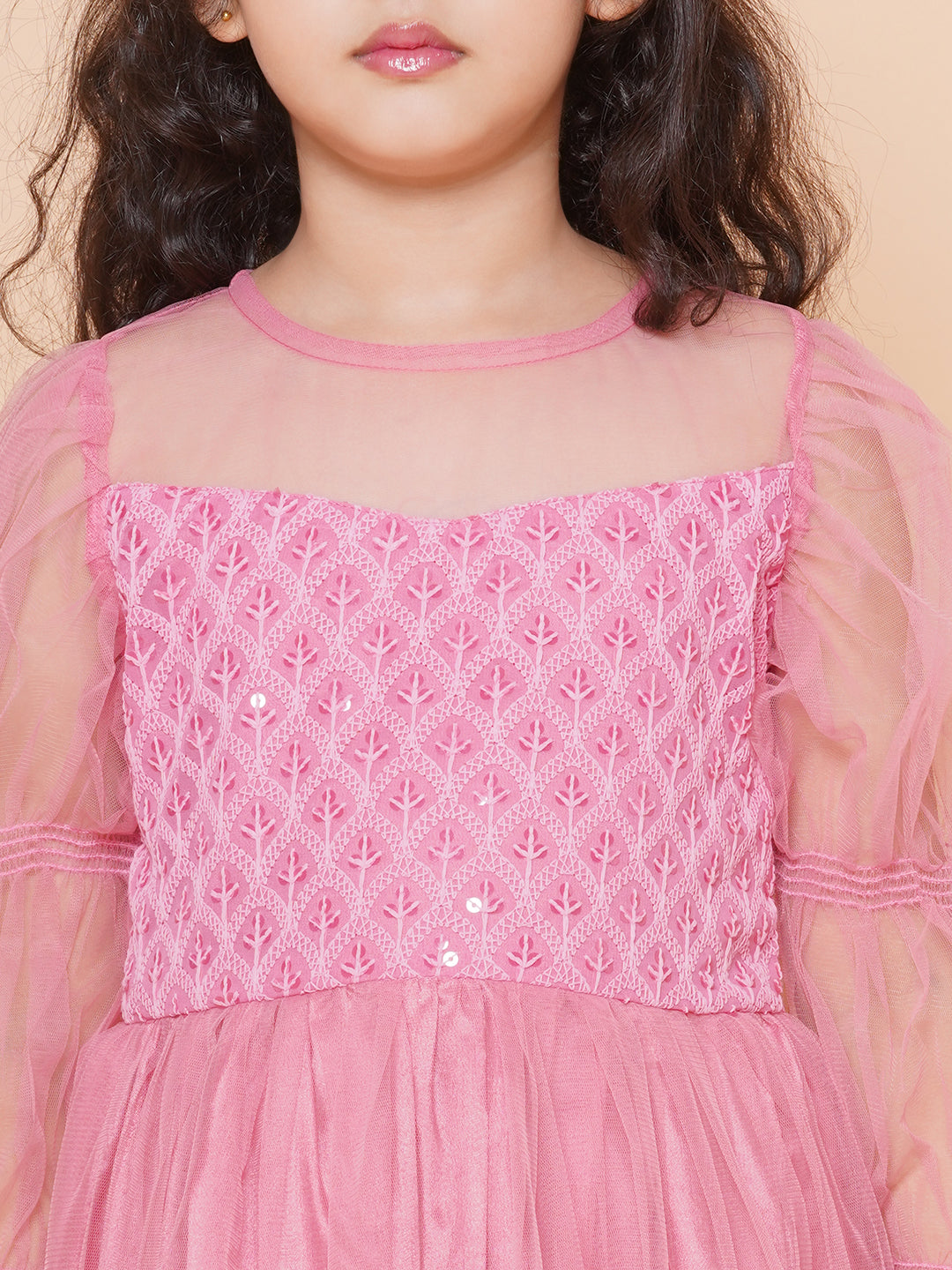 Girls Pink Embroidered Net Fit & Flared Gown Dress for Kids - Bhama - Distacart