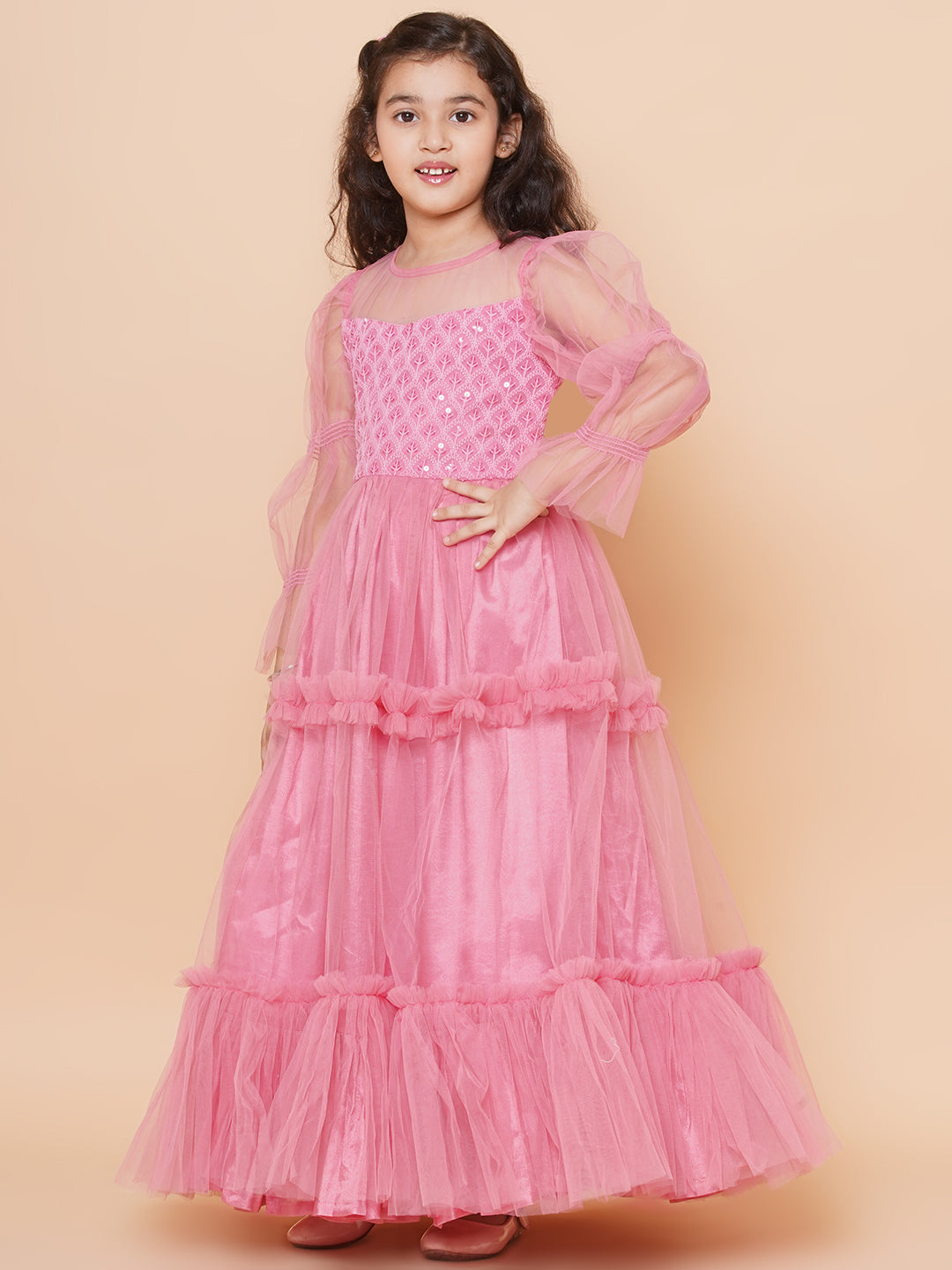 Girls Pink Embroidered Net Fit & Flared Gown Dress for Kids - Bhama - Distacart