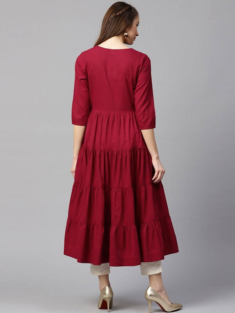 Yufta Women Maroon Embroidered Tiered Anarkali Kurta