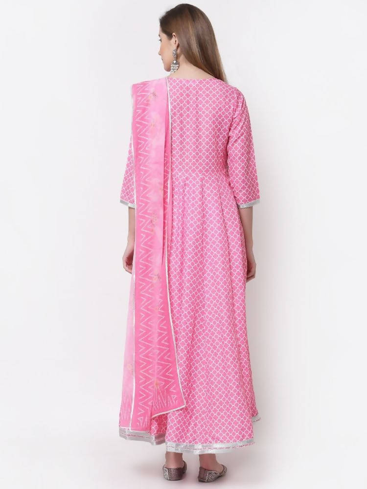 Myshka Pink Color Cotton Blend Printed Anarkali Kurta With Dupatta