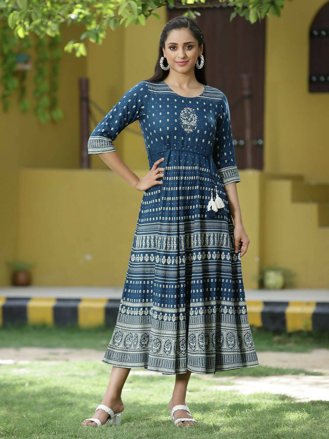 Juniper Blue Rayon Festive Printed Flared Dress For Women - Distacart