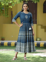 Thumbnail for Juniper Blue Rayon Festive Printed Flared Dress For Women - Distacart