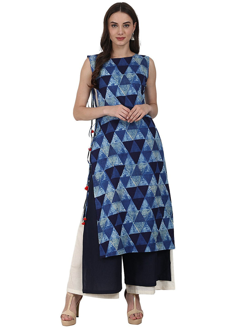 NOZ2TOZ Blue Printed Sleevless Kurta With Double Layer - Distacart