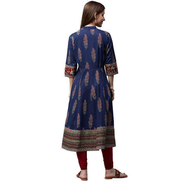 KBZ Women's Gold Print Cotton Blend Anarkali Kurta In Blue - Ethnic Long Kurta With 3/4 Sleeves & Embellished Border - View #8