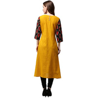 Thumbnail for NOZ2TOZ Yellow 3/4Th Sleeve Cotton A-Line Kurta With Printed Yoke - Distacart