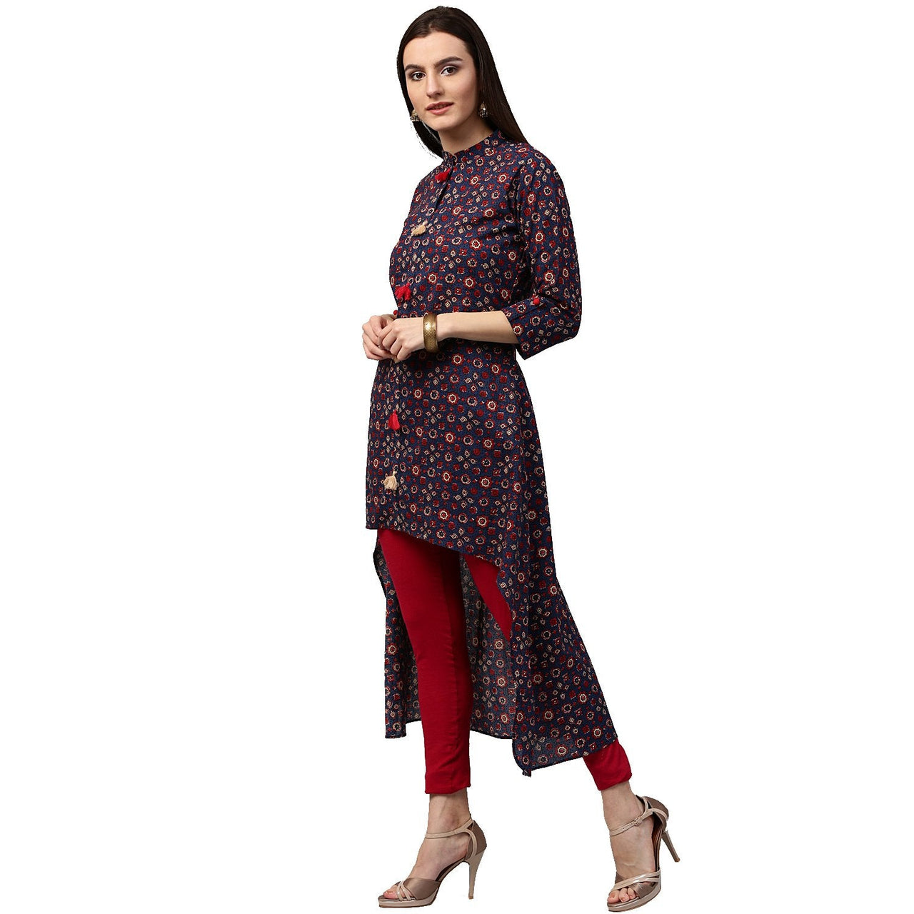 NOZ2TOZ Blue Printed 3/4Th Sleeve Cotton Low High Kurta With Tussle Work - Distacart