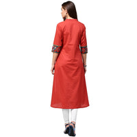 Thumbnail for NOZ2TOZ Red 3/4Th Sleeve Cotton A-Line Kurta With Printed Yoke - Distacart