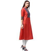 Thumbnail for NOZ2TOZ Red 3/4Th Sleeve Cotton A-Line Kurta With Printed Yoke - Distacart