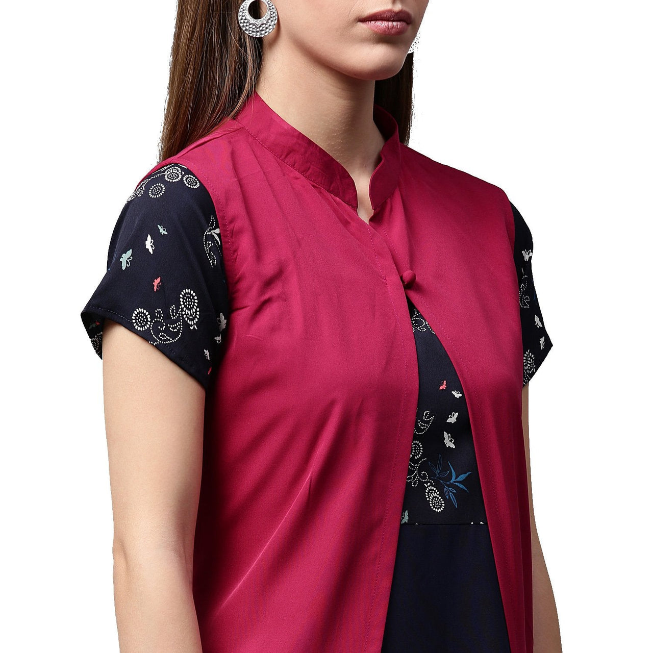 NOZ2TOZ Blue Printed Short Sleeve Crepe A-Line Kurta With Pink Jacket - Distacart