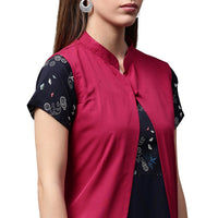 Thumbnail for NOZ2TOZ Blue Printed Short Sleeve Crepe A-Line Kurta With Pink Jacket - Distacart