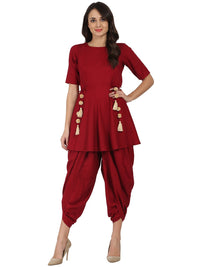 Thumbnail for NOZ2TOZ Maroon Half Sleeve Rayon A-Line Kurta With Red Pleated Dhoti - Distacart