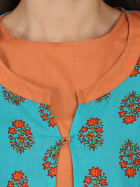 Thumbnail for NOZ2TOZ Blue Printed 3/4Th Sleeve Cotton Double Layer A-Line Kurta - Distacart