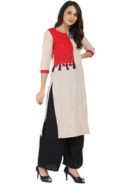 Thumbnail for NOZ2TOZ Off White 3/4Th Sleeve South Cotton Chemary Straight Kurta With Designed Yoke - Distacart