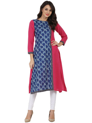 NOZ2TOZ Blue & Pink Printed 3/4Th Sleeve Cotton Kurta - Distacart