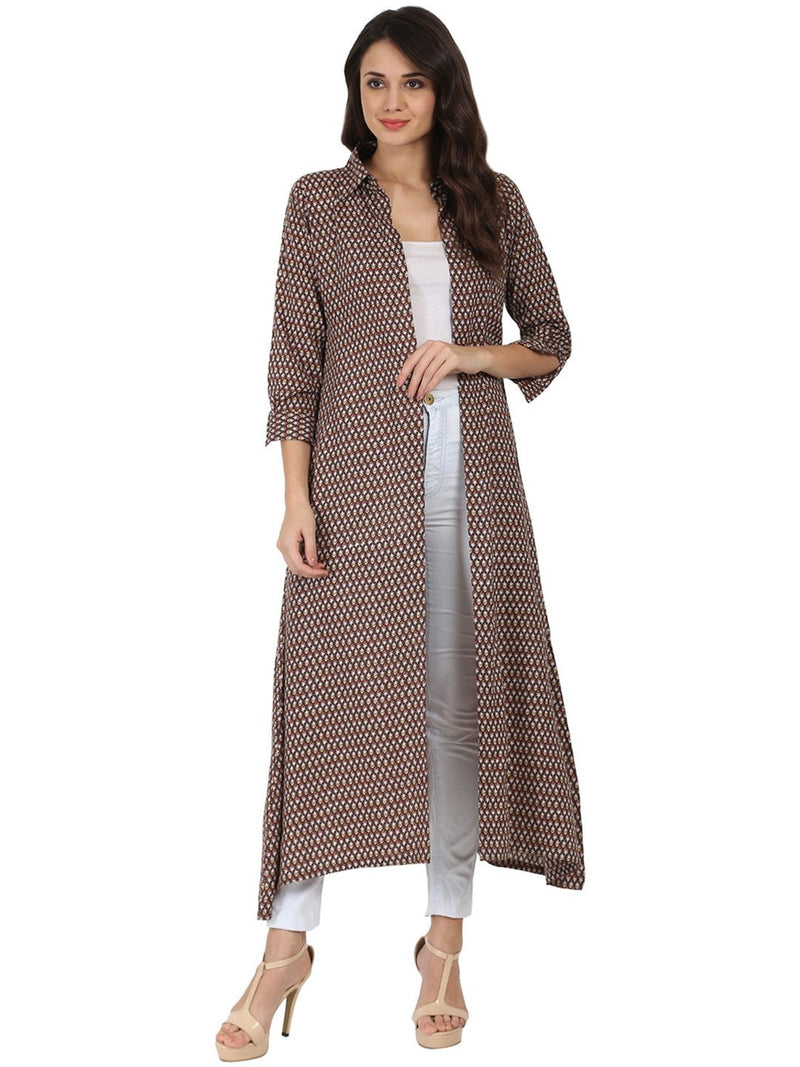 NOZ2TOZ Brown Printed 3/4Th Sleeve Cotton Kurta With Front Open - Distacart