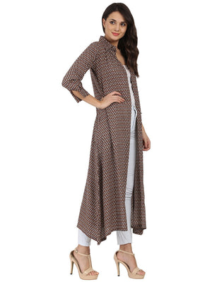 NOZ2TOZ Brown Printed 3/4Th Sleeve Cotton Kurta With Front Open - Distacart