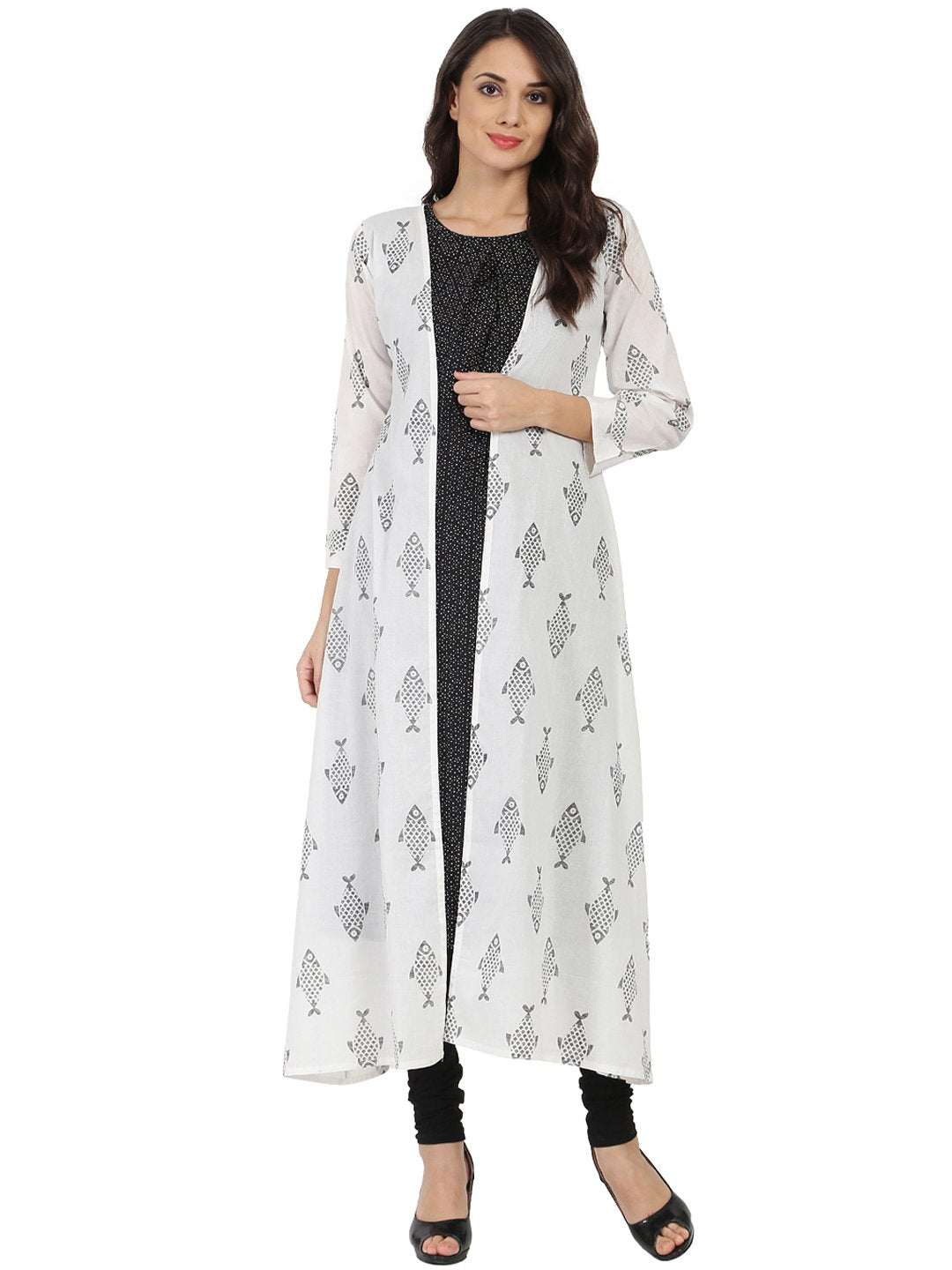 NOZ2TOZ Dark Grey Sleevelss Cotton A-Line Kurta With White Printed Long Jacket Open At Front - Distacart
