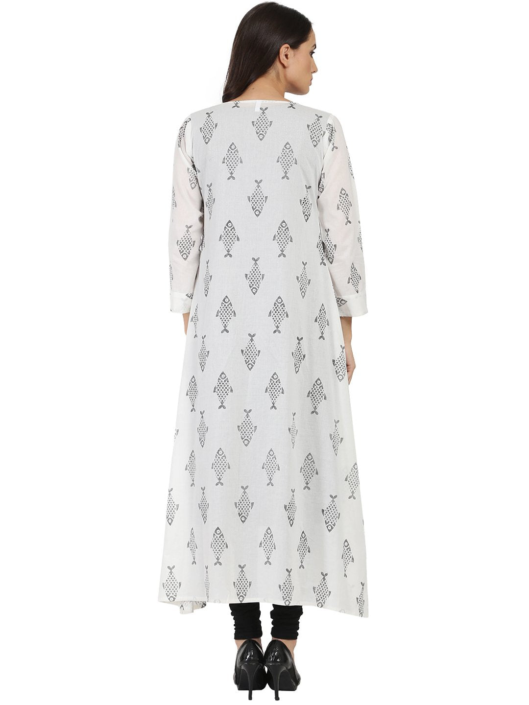 NOZ2TOZ Dark Grey Sleevelss Cotton A-Line Kurta With White Printed Long Jacket Open At Front - Distacart
