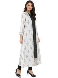 Thumbnail for NOZ2TOZ Dark Grey Sleevelss Cotton A-Line Kurta With White Printed Long Jacket Open At Front - Distacart
