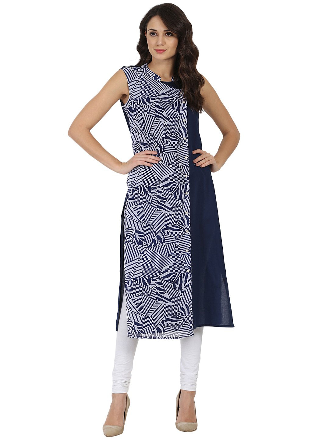 NOZ2TOZ Blue Printed Sleeveless Georgette Angrakha Style Kurta - Distacart