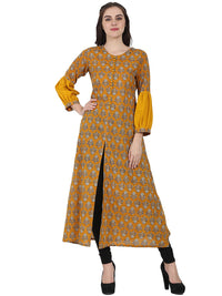 Thumbnail for NOZ2TOZ Yellow Printed Full Sleeve Cotton A-Line Kurta With Centre Slit - Distacart
