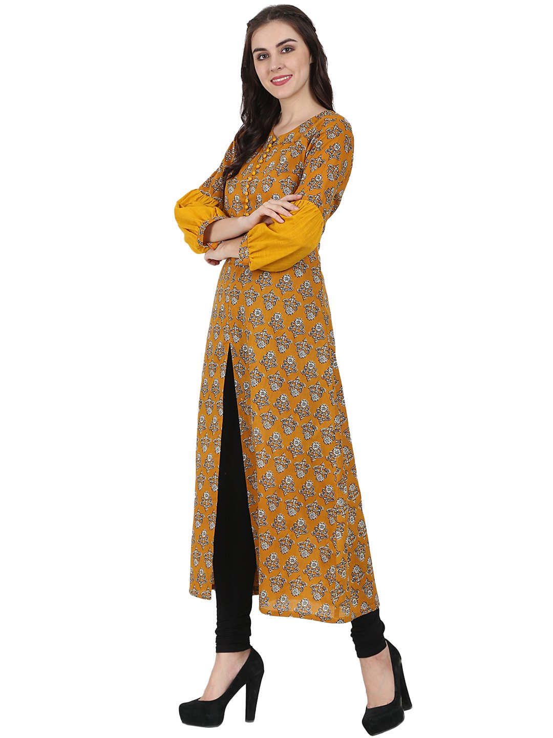 NOZ2TOZ Yellow Printed Full Sleeve Cotton A-Line Kurta With Centre Slit - Distacart