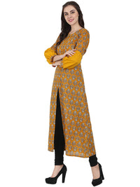 Thumbnail for NOZ2TOZ Yellow Printed Full Sleeve Cotton A-Line Kurta With Centre Slit - Distacart