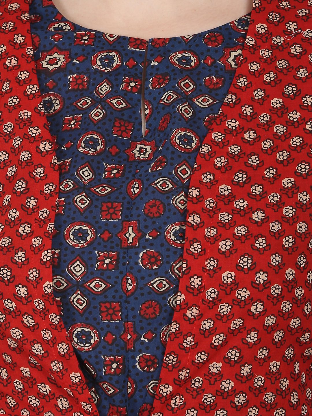 NOZ2TOZ Blue Printed 3/4Th Sleeve Cotton Anarkali Kurta With Red Printed Sleeveless Long Jacket - Distacart