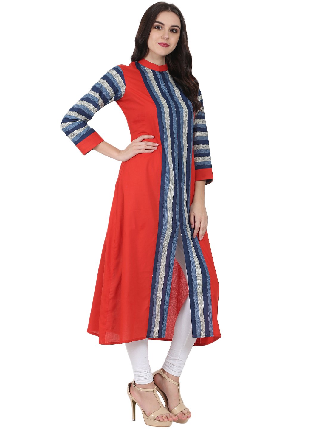 NOZ2TOZ Blue & Red Printed 3/4Th Sleeve Long Cotton Kurta - Distacart