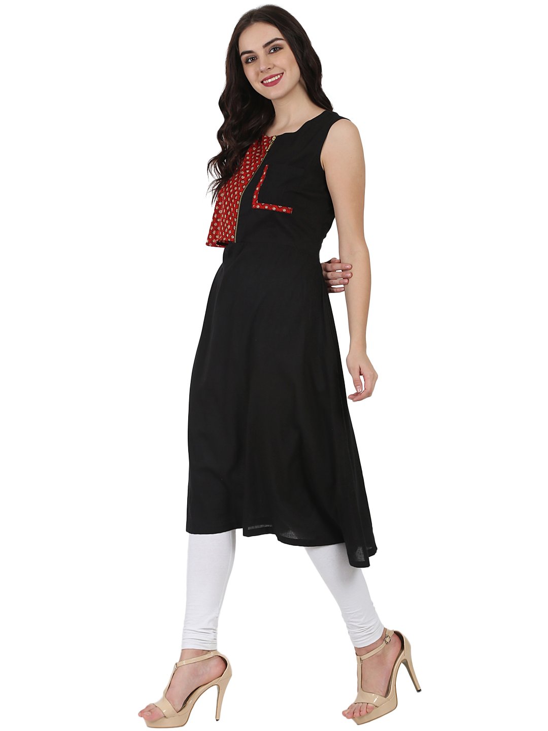 NOZ2TOZ Black Printed Sleeveless Cotton A-Line Kurta - Distacart