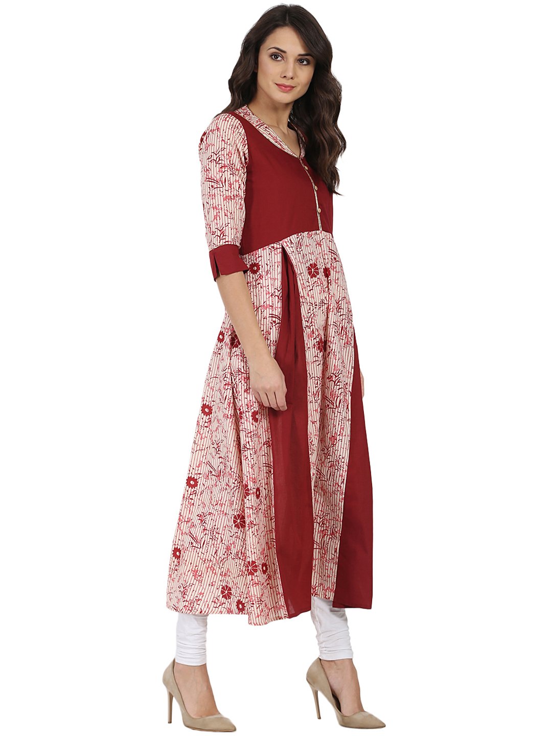 NOZ2TOZ Pink & Maroon Printed 3/4Th Sleeve Cotton Anarkali Kurta - Distacart
