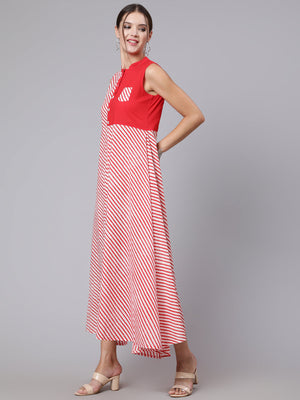NOZ2TOZ Women Red Stripe Printed Flared Sleeveless Dress - Distacart