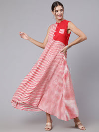 Thumbnail for NOZ2TOZ Women Red Stripe Printed Flared Sleeveless Dress - Distacart