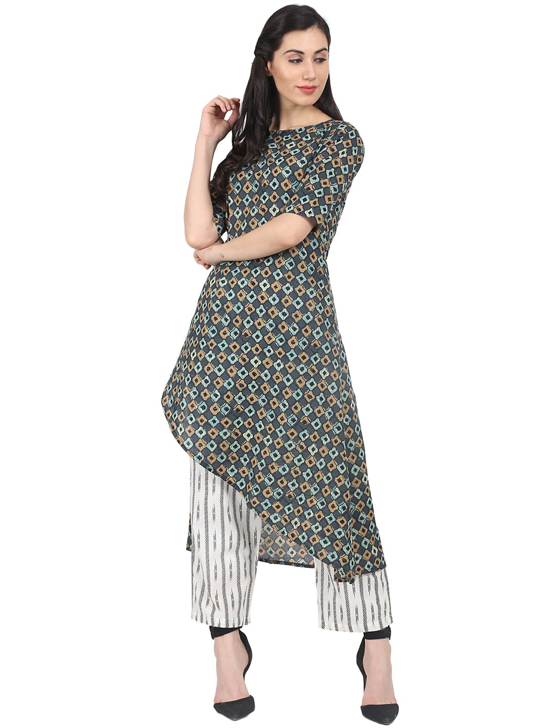 NOZ2TOZ Grey Printed Half Sleeve Cotton Asymetric Kutra With Off White Printed Regular Fit Palazzo - Distacart