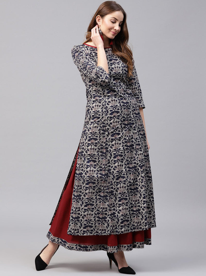 NOZ2TOZ Blue Printed 3/4Th Sleeve Cotton Kurta With Red Flared Skirt - Distacart