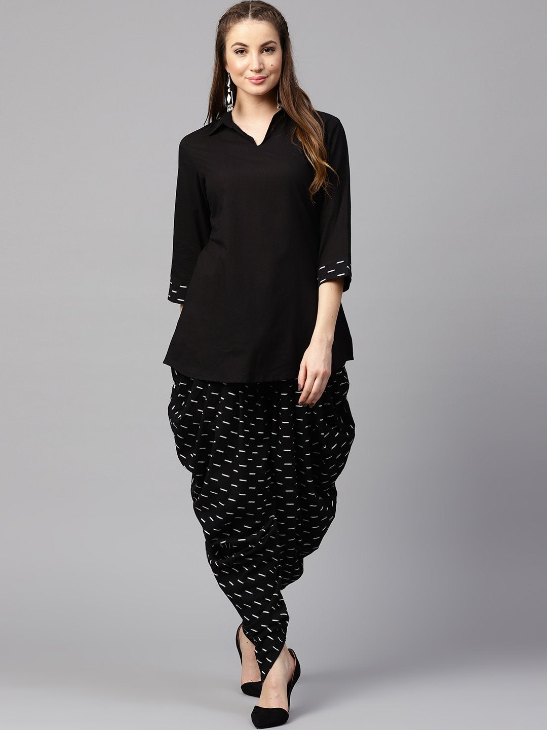 NOZ2TOZ Black 3/4Th Sleeve Cotton Shirt With Black Printed Dhoti - Distacart